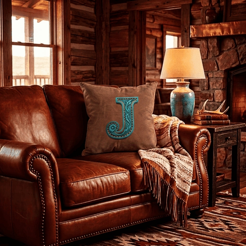 Baha Ranch Velvety Soft Western Tooled Initial Personalized Pillow Cover Made in America