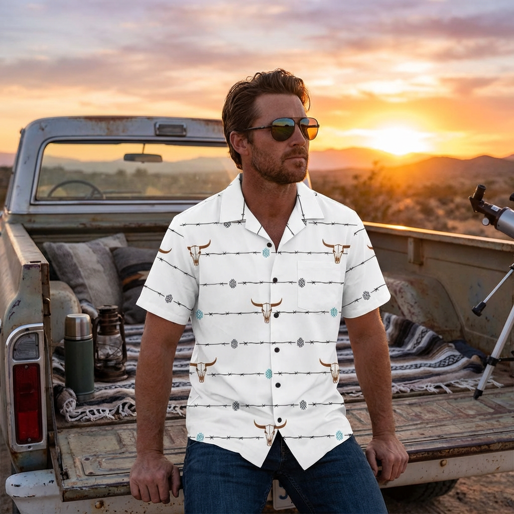 Baha Ranch White Bullhead Aztec Hawaiian Shirt Made in America