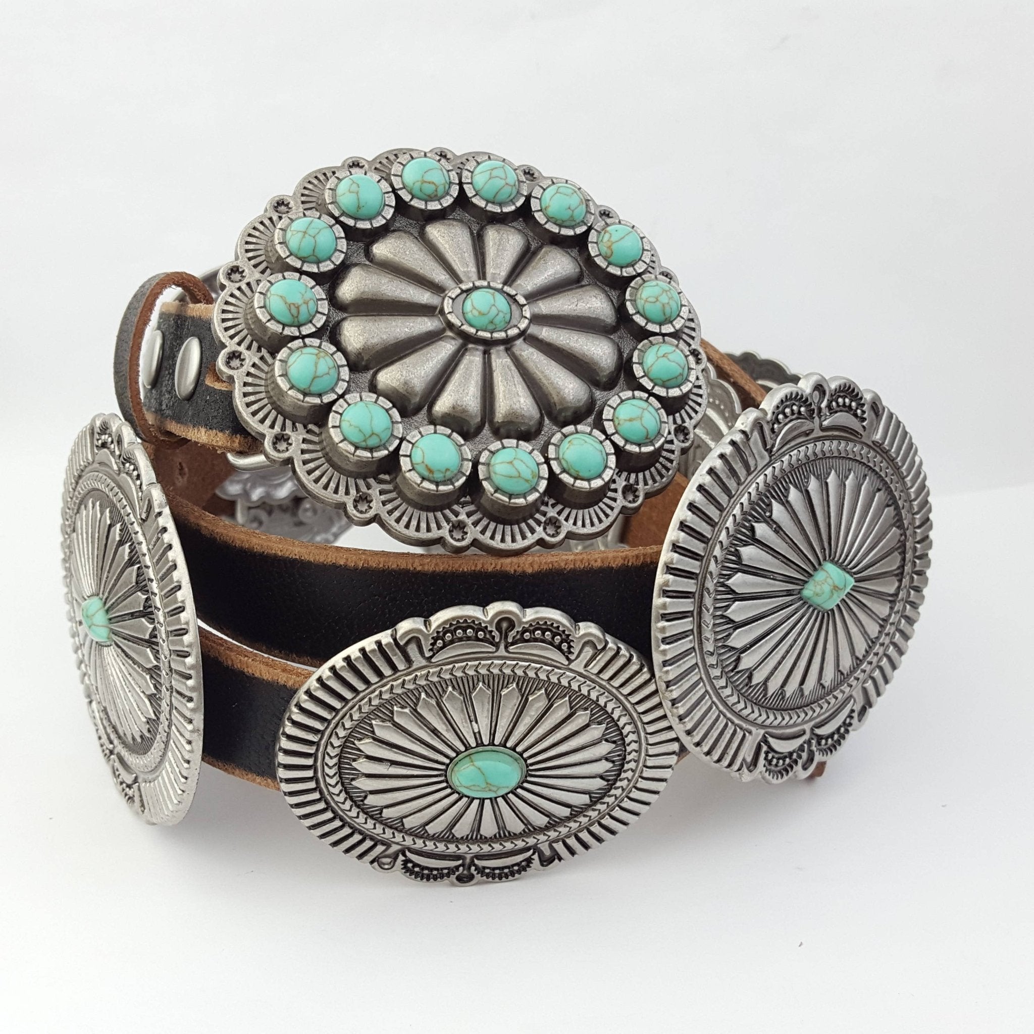 Genuine Distressed Leather Western Concho Belt with Faux Turquoise Stone Buckle