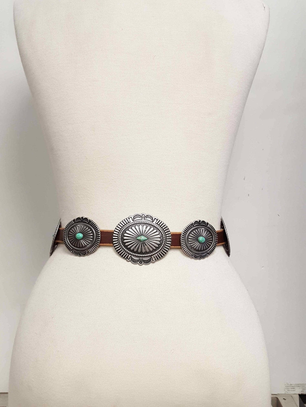 Genuine Distressed Leather Western Concho Belt with Faux Turquoise Stone Buckle
