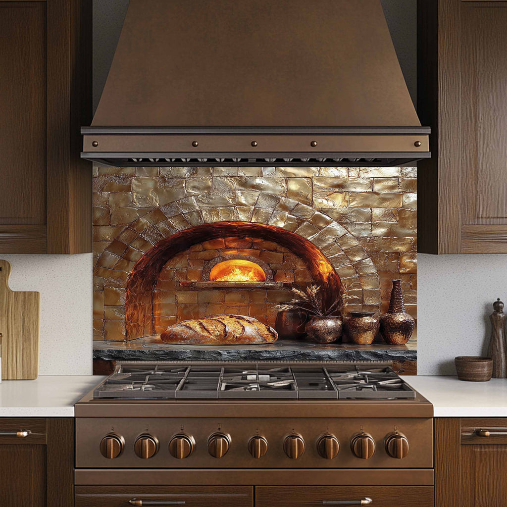 Rustic Brick Oven Kitchen Backsplash – Copper Look Tempered Glass Backsplash