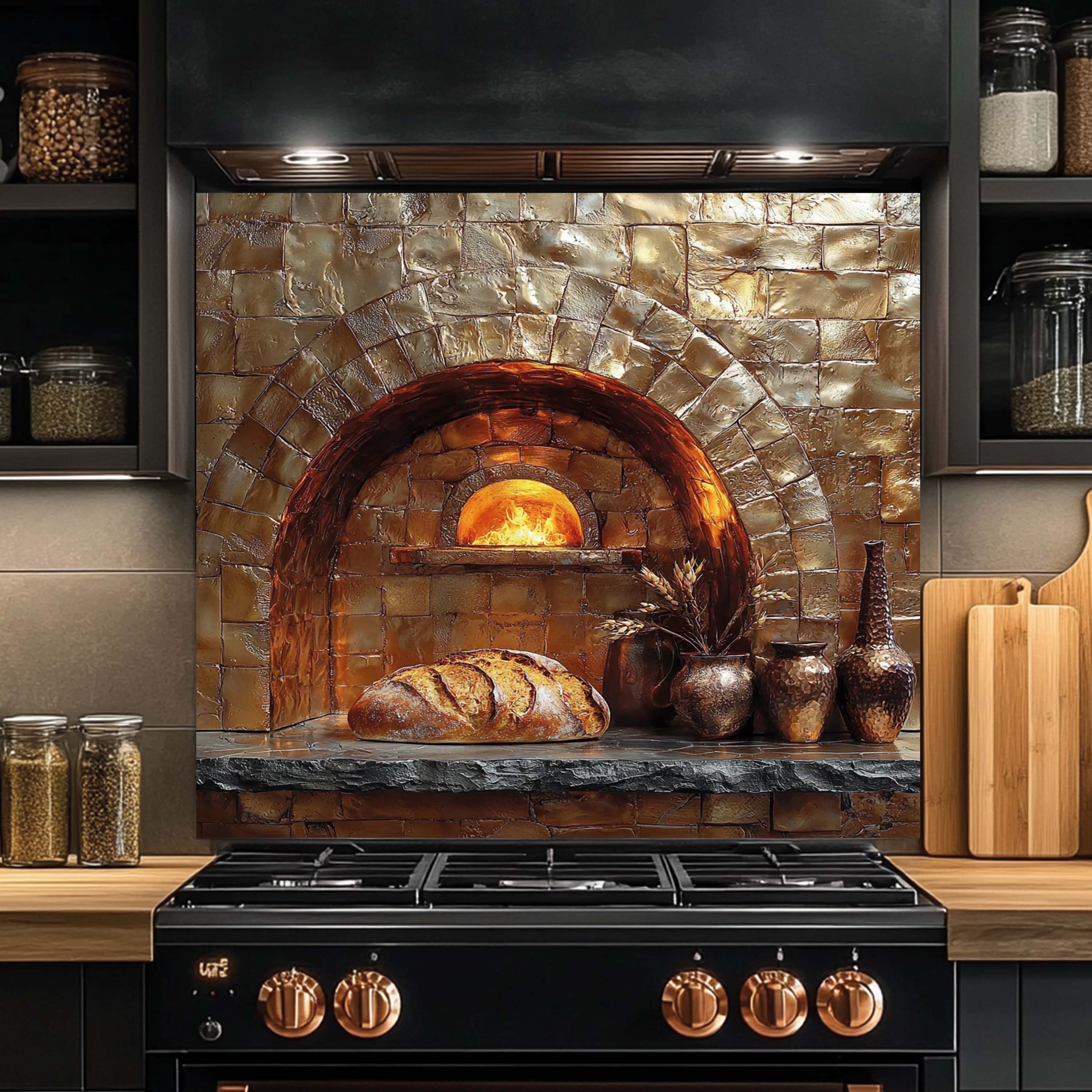 Rustic Brick Oven Kitchen Backsplash – Copper Look Tempered Glass Backsplash