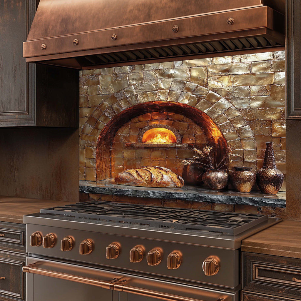 Rustic Brick Oven Kitchen Backsplash – Copper Look Tempered Glass Backsplash