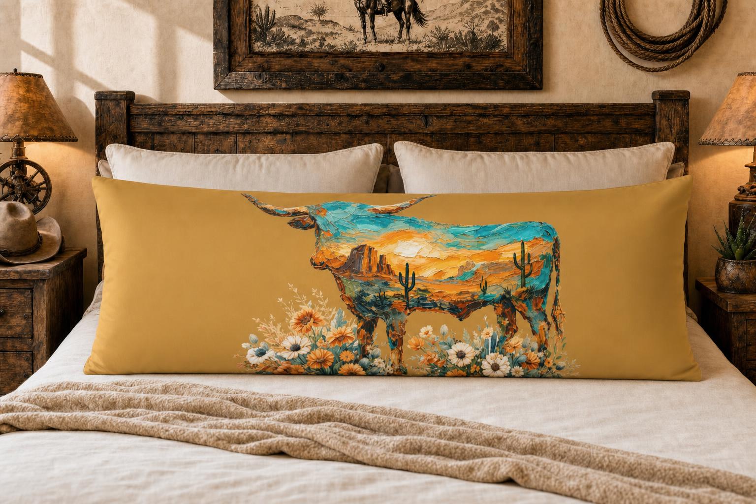 Baha Ranch Floral Longhorn Body Pillow Made in America