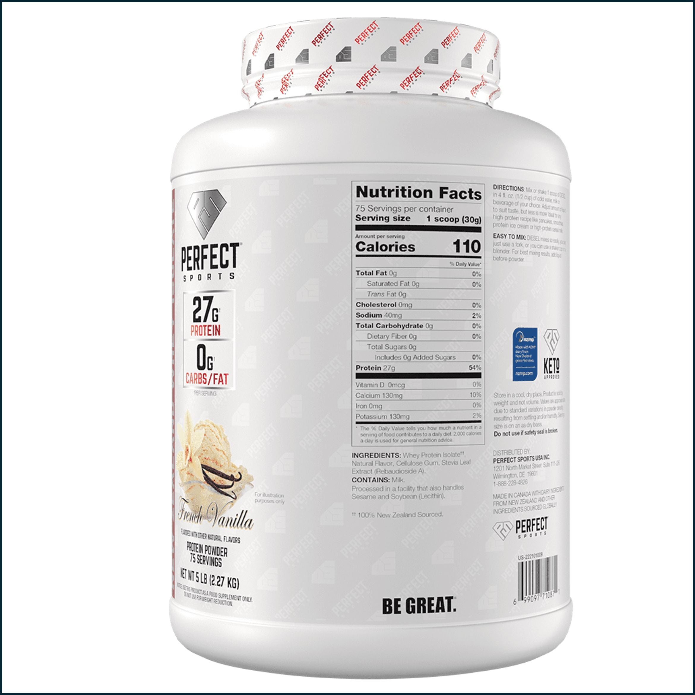 Perfect Sports Diesel 100% New Zealand Whey Protein Isolate Powder, 5lbs