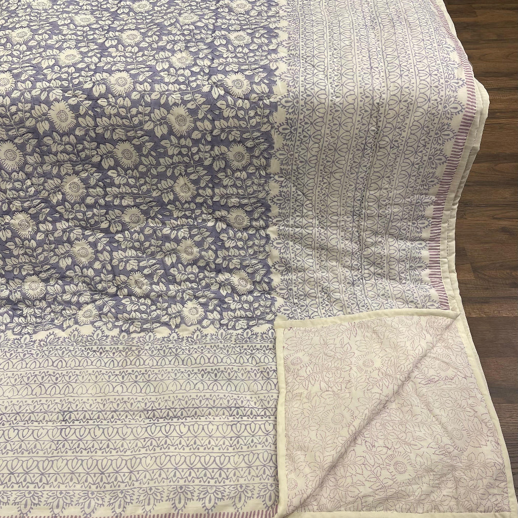 Cream & Sage Green Floral Jaipur Indian Hand Block Print Quilted Comforter