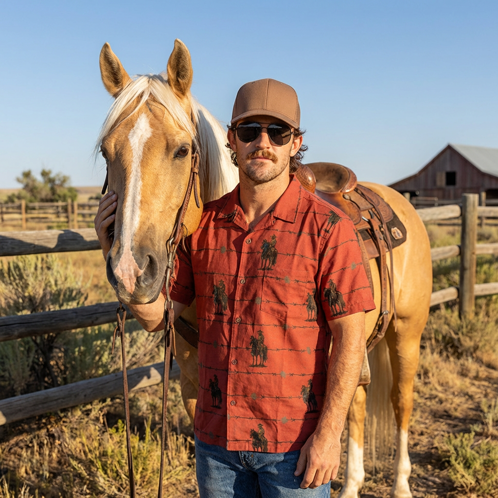 Baha Ranch Brown Saddle Up Western Hawaiian Shirt Made in America