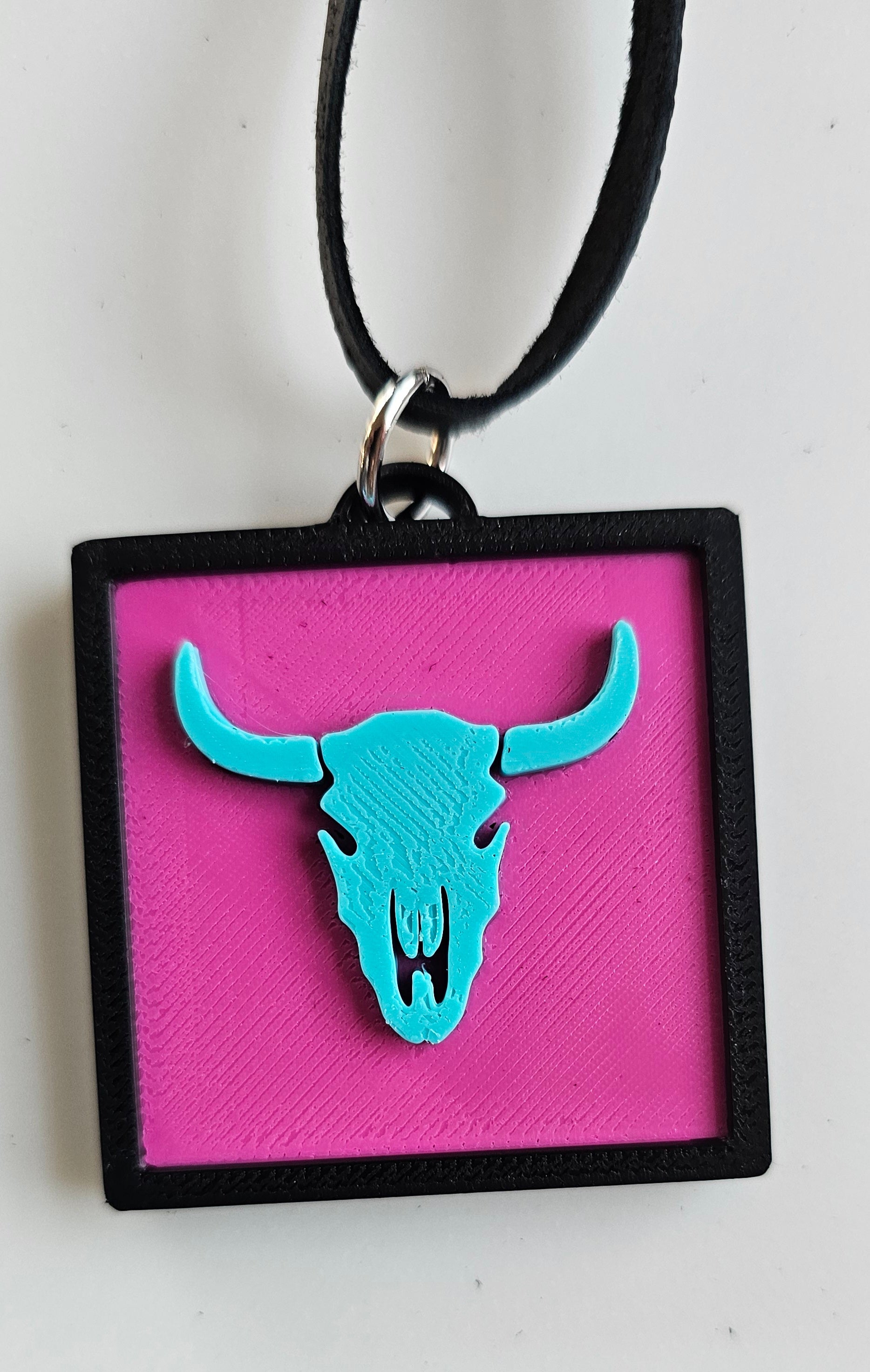 3D Print Picture Necklace on Deerskin Leather Western Bull Skull Desert Cactus Made in America