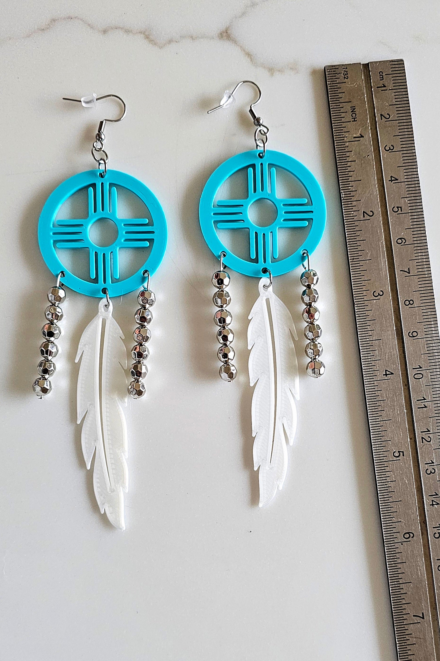 3D print Lightweight Turquoise New Mexico Zia Feather Dream Catcher Earrings Made in America
