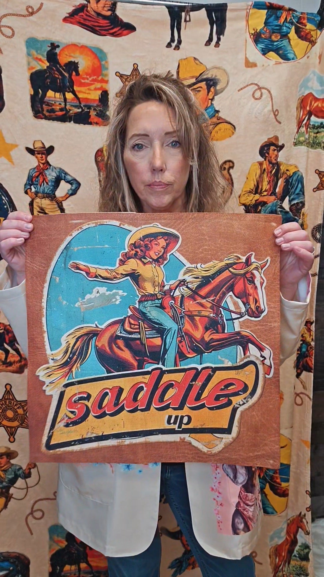Baha Ranch Saddle Up Vintage Cowgirl Throw Pillow Case 18x18inch Made in America