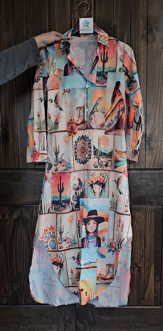 Baha Ranch Colores de Mexico Pictures of the Southwest Button-Up Long Sleeve Shirt Dress Duster