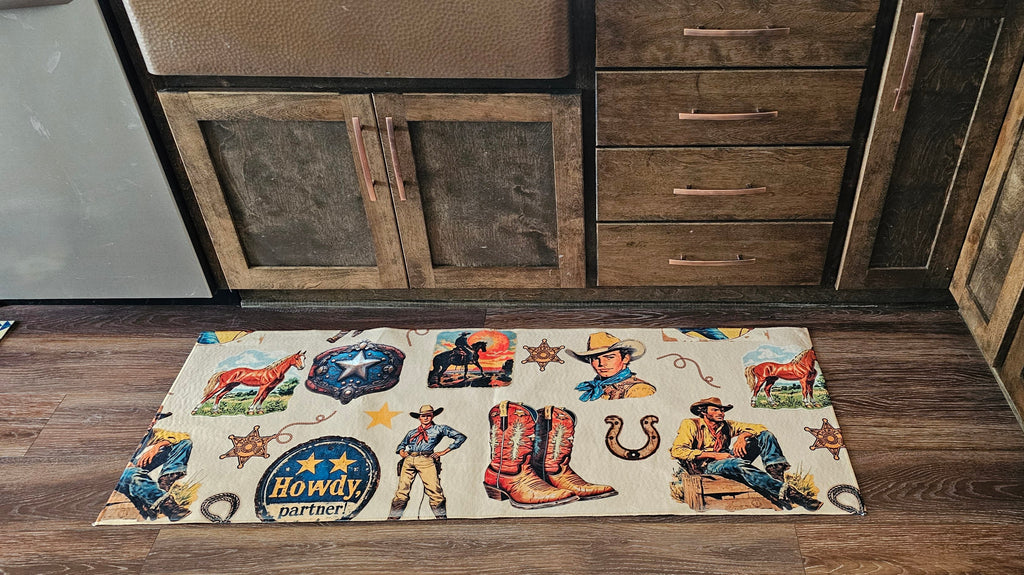 Baha Ranch Vintage Cowboy Collage Rug Runner Indoor 60" x 22" Made in America