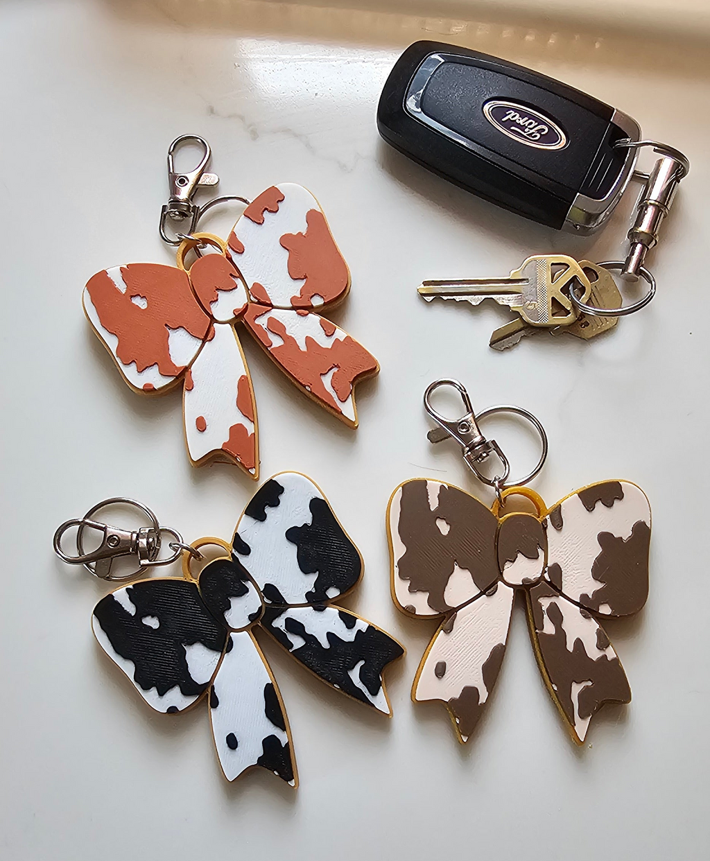 3d Print Puffy Bow Trend Keychain Fringe Cow Print Western Made in America