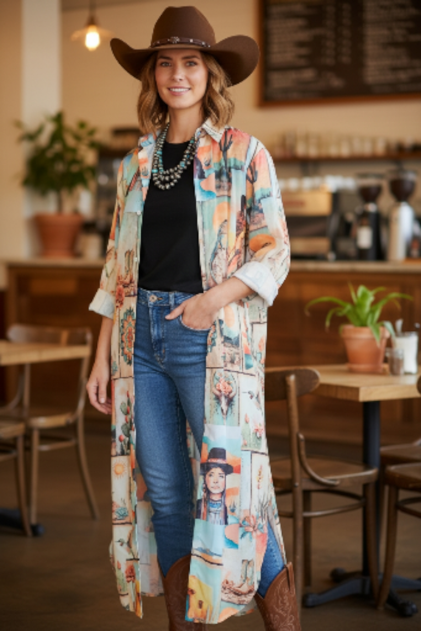 Baha Ranch Colores de Mexico Pictures of the Southwest Button-Up Long Sleeve Shirt Dress Duster