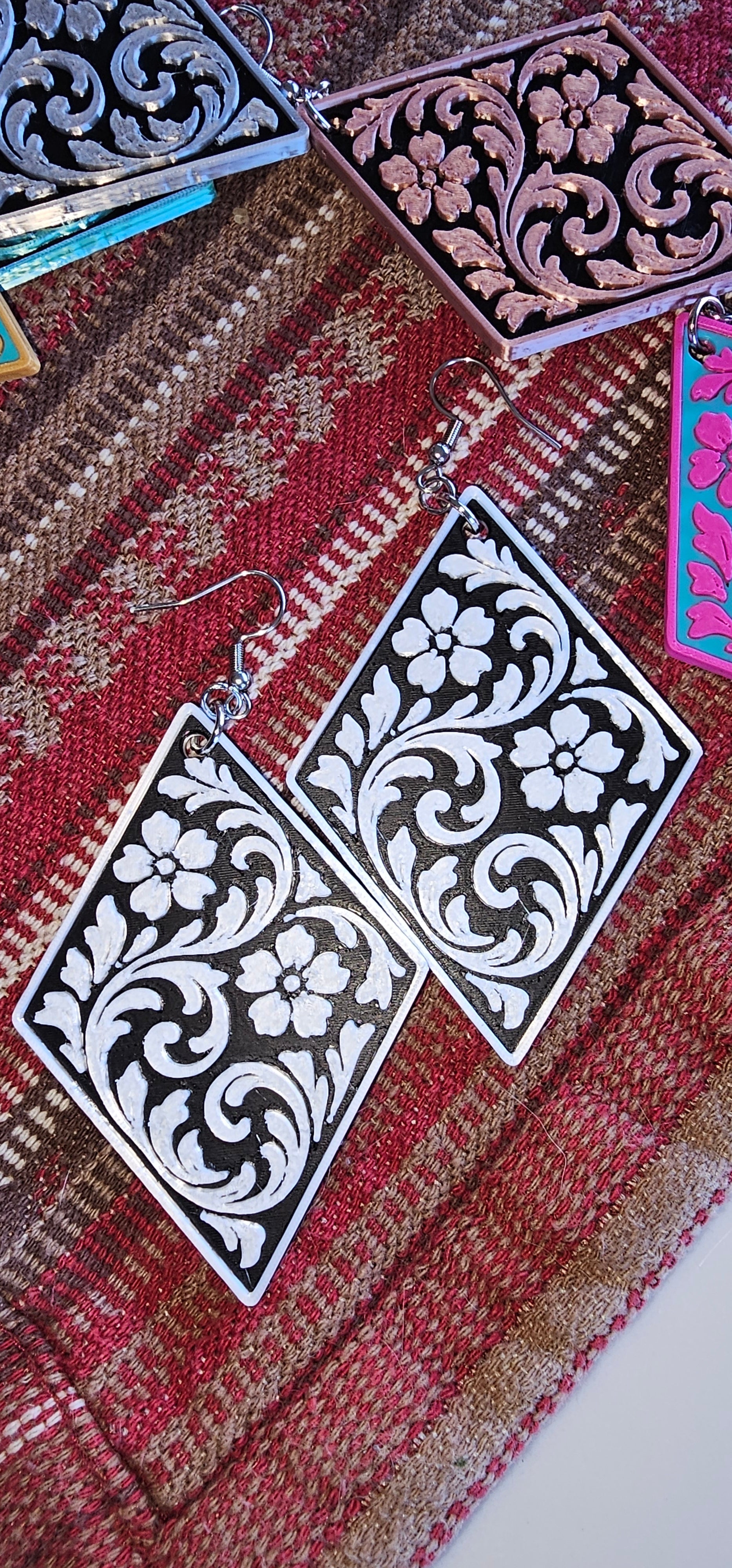 3D Print Western Tooled Floral Earrings Made in America Choice of Colors