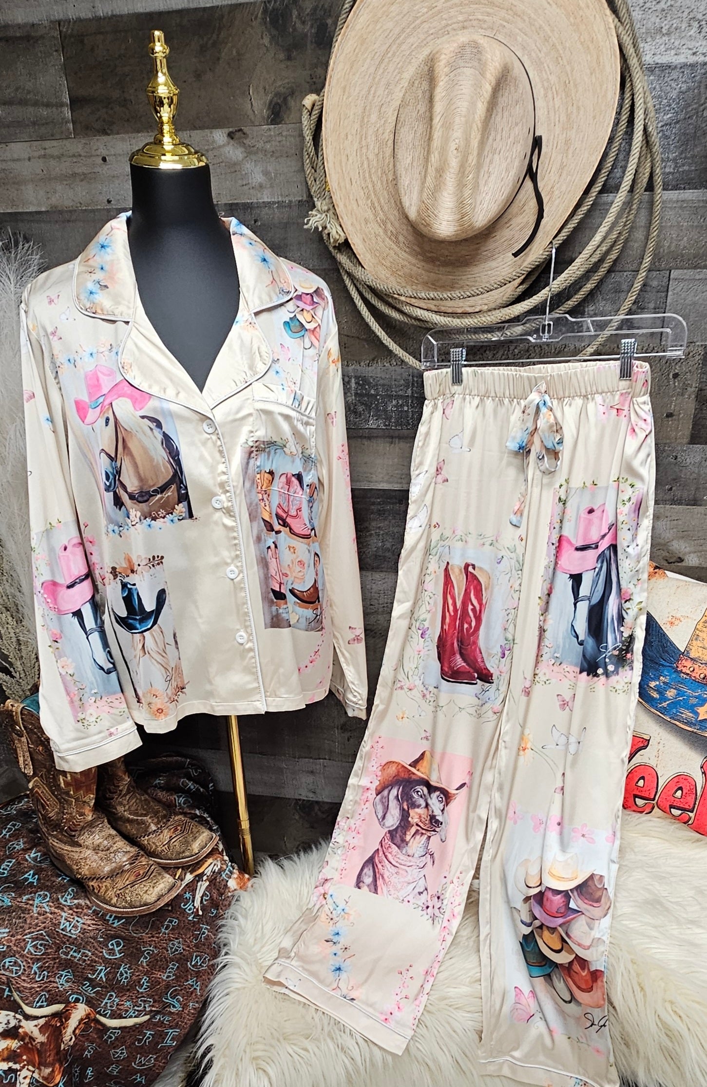 Baha Ranch Danilo Painted Cowgirl Satin Long Pajamas