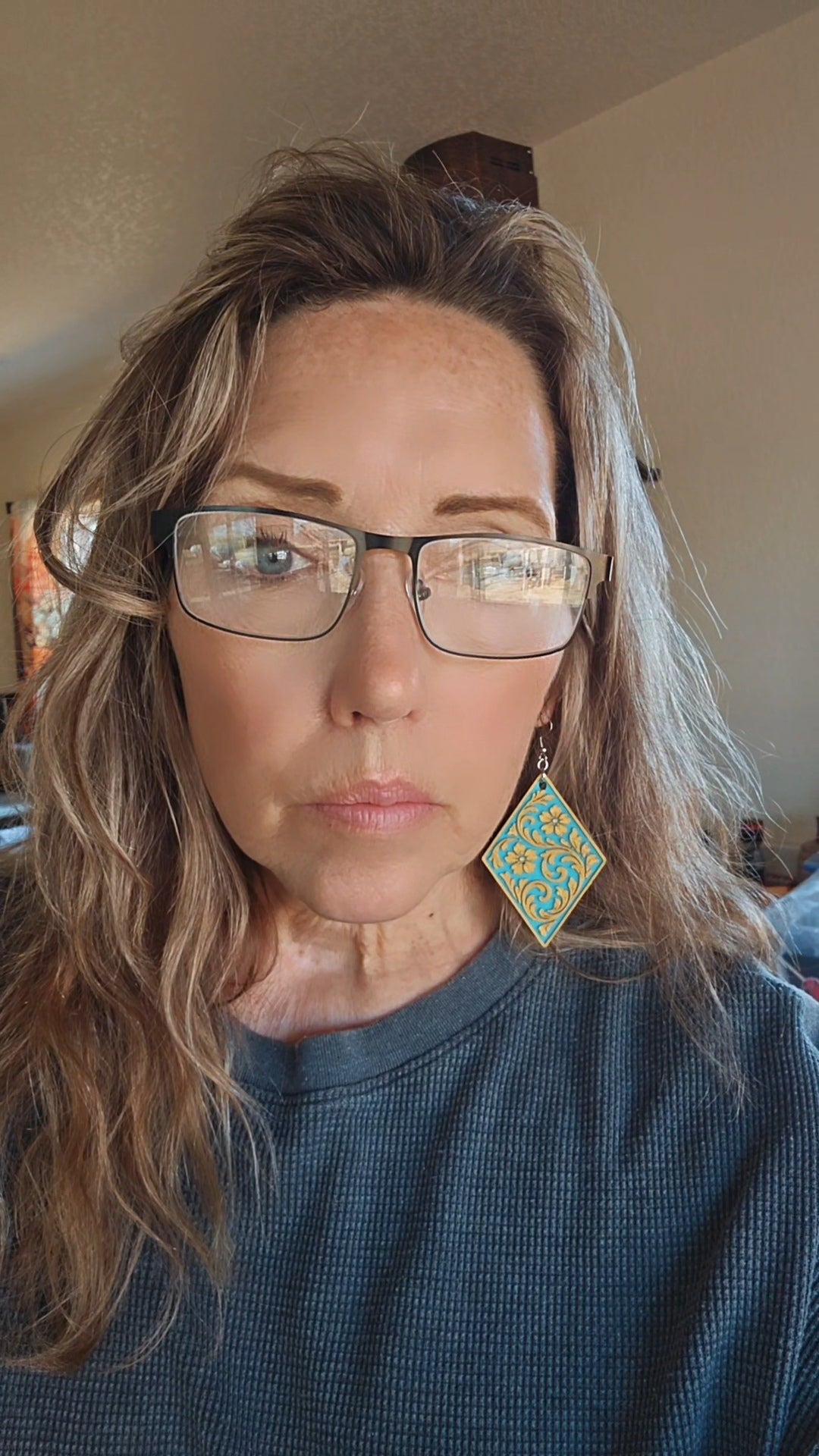3D Print Western Tooled Mustard Gold on Turquoise  Earrings Made in America