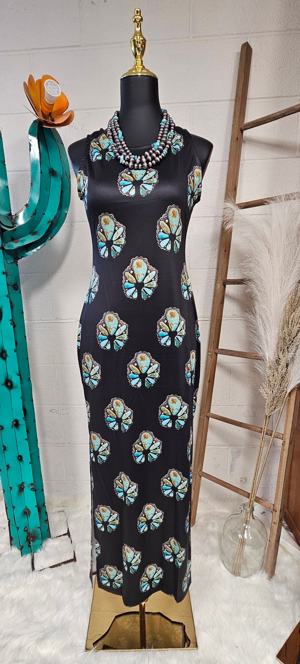 Baha Ranch Turquoise Naja Sleeveless Bodycon Side Slit Maxi Dress