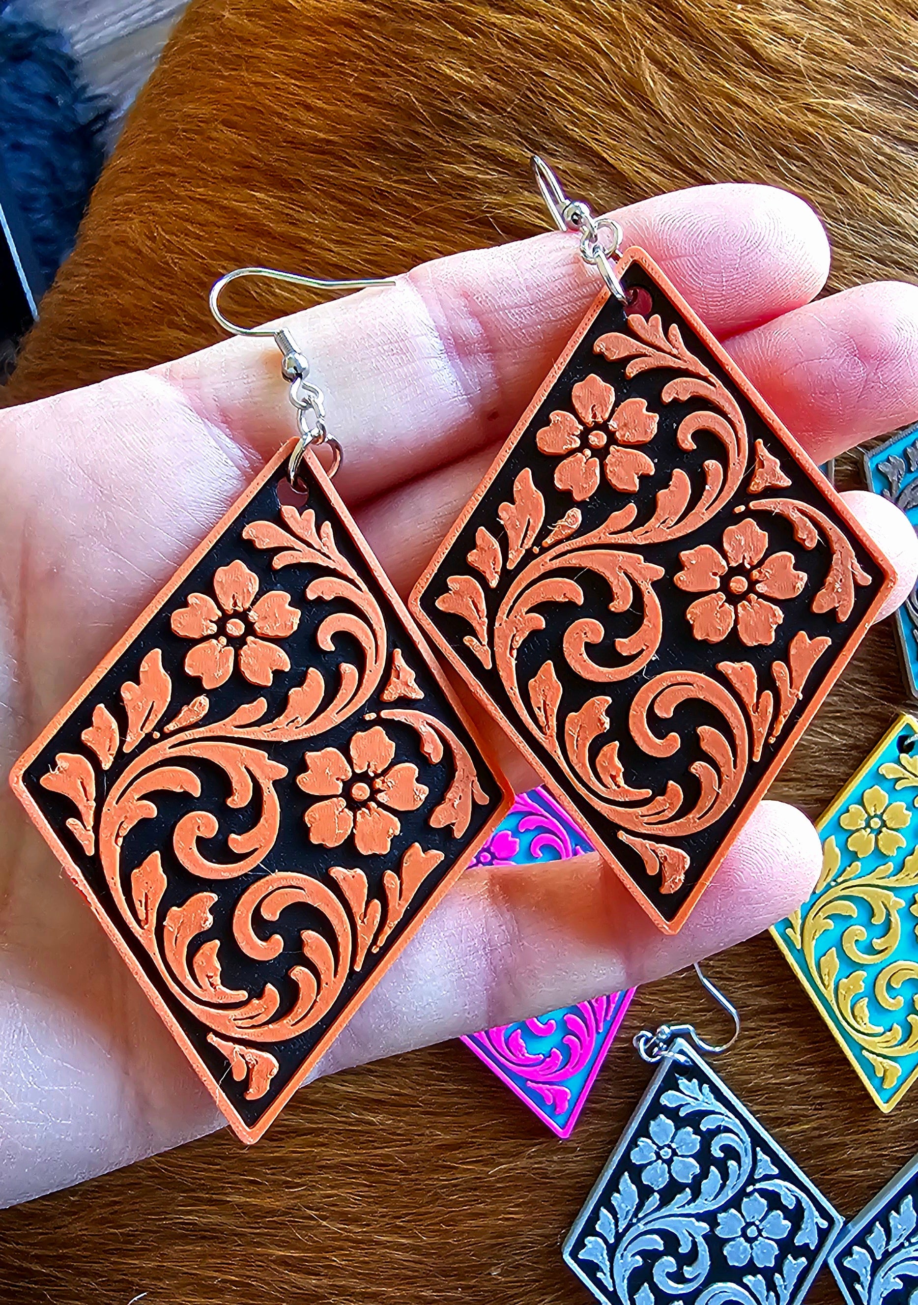 3D Print Western Tooled Floral Earrings Made in America Choice of Colors