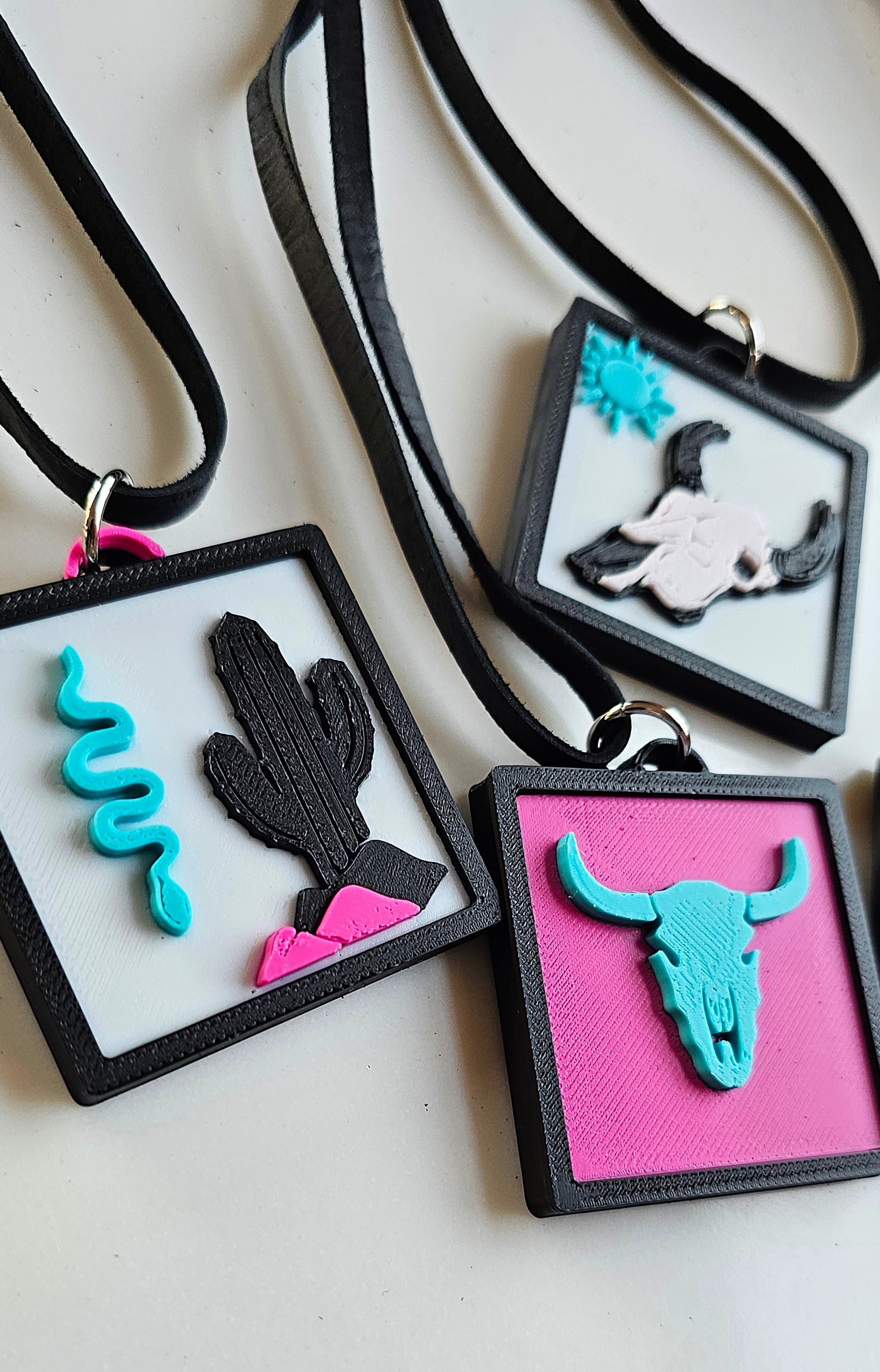 3D Print Picture Necklace on Deerskin Leather Western Bull Skull Desert Cactus Made in America