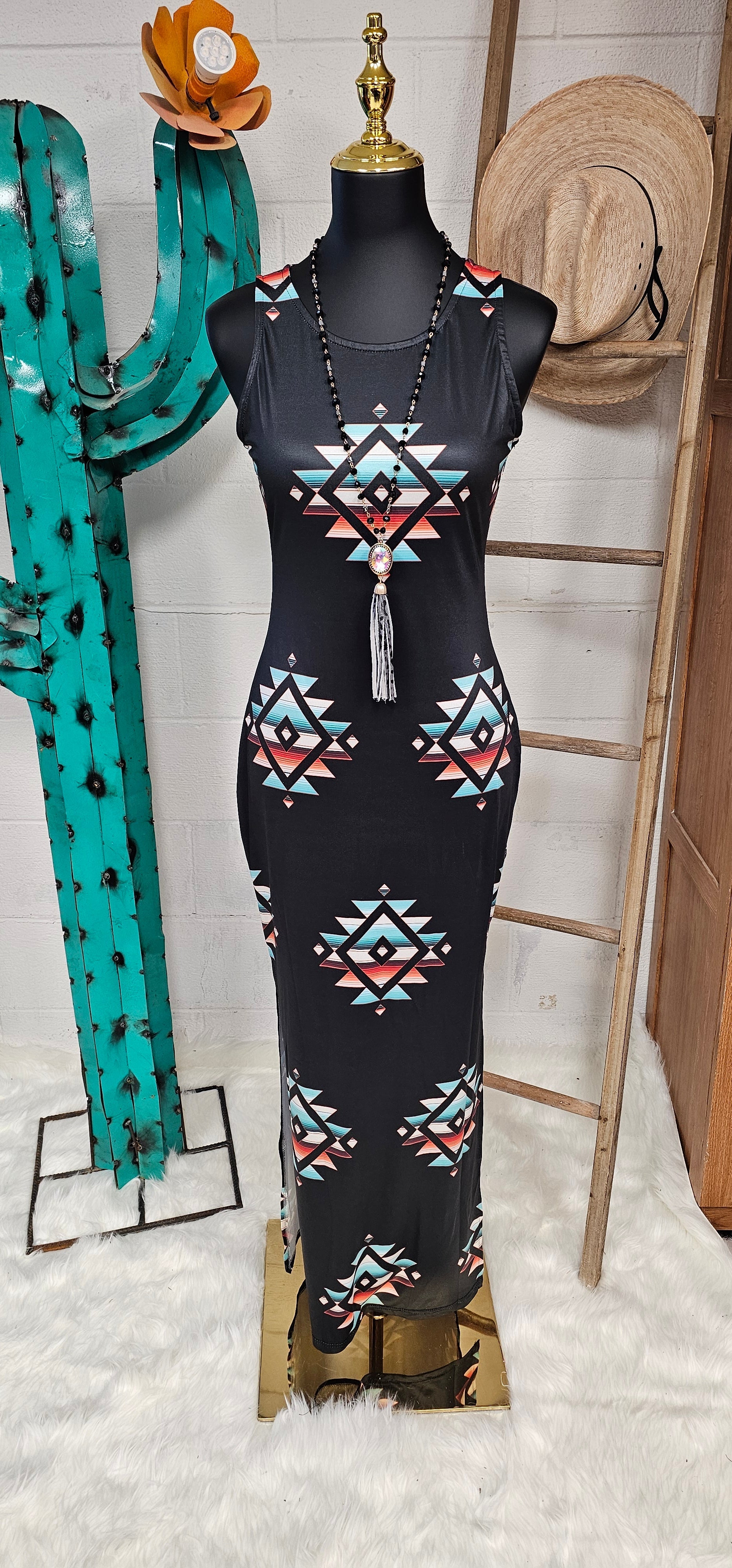 Baha Ranch Southwestern Aztec Sleeveless Bodycon Side Slit Western Maxi Dress