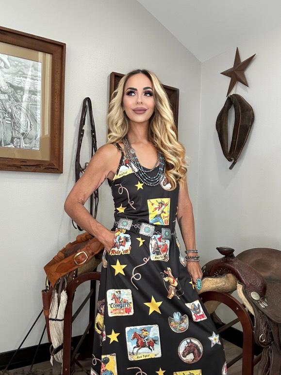 Baha Ranch Vintage Cowgirl Collage Western Sun Dress