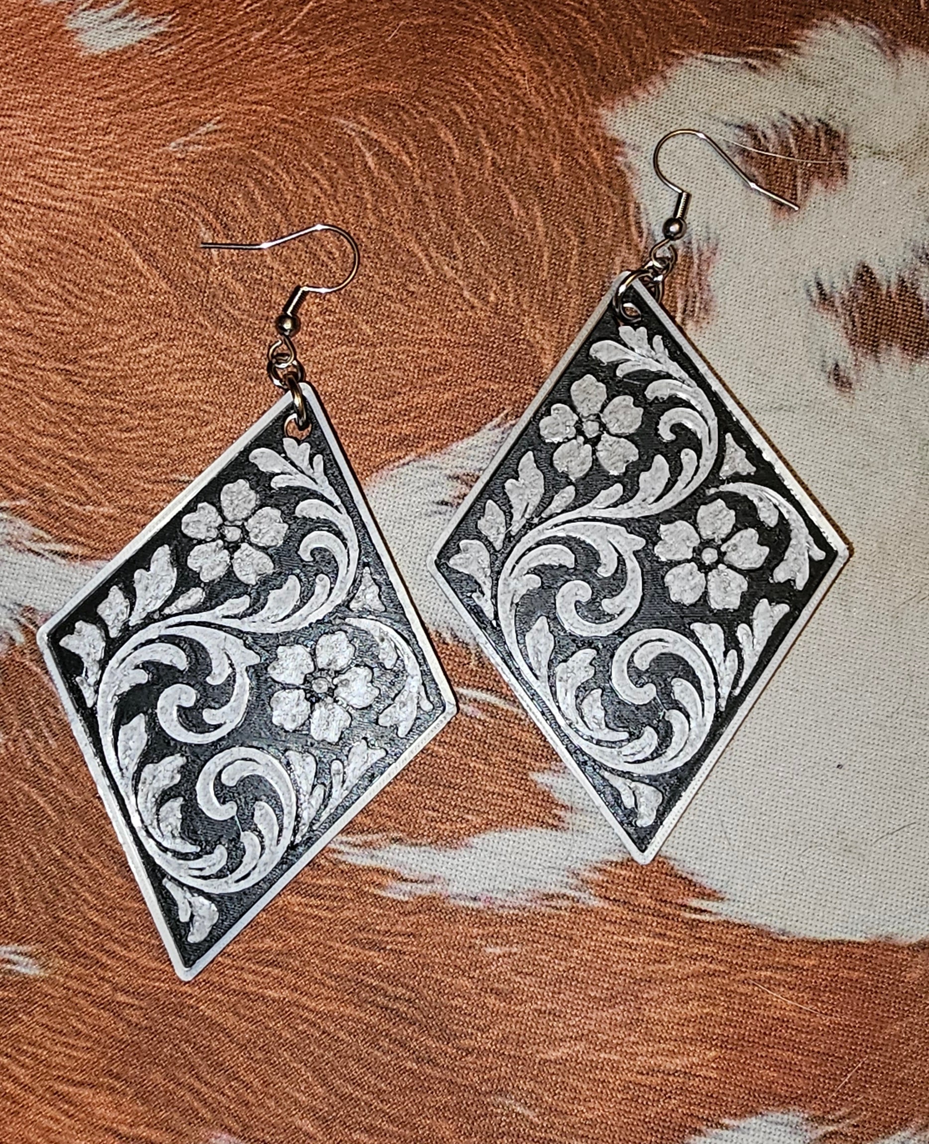 3D Print Western Tooled Floral Earrings Made in America Choice of Colors