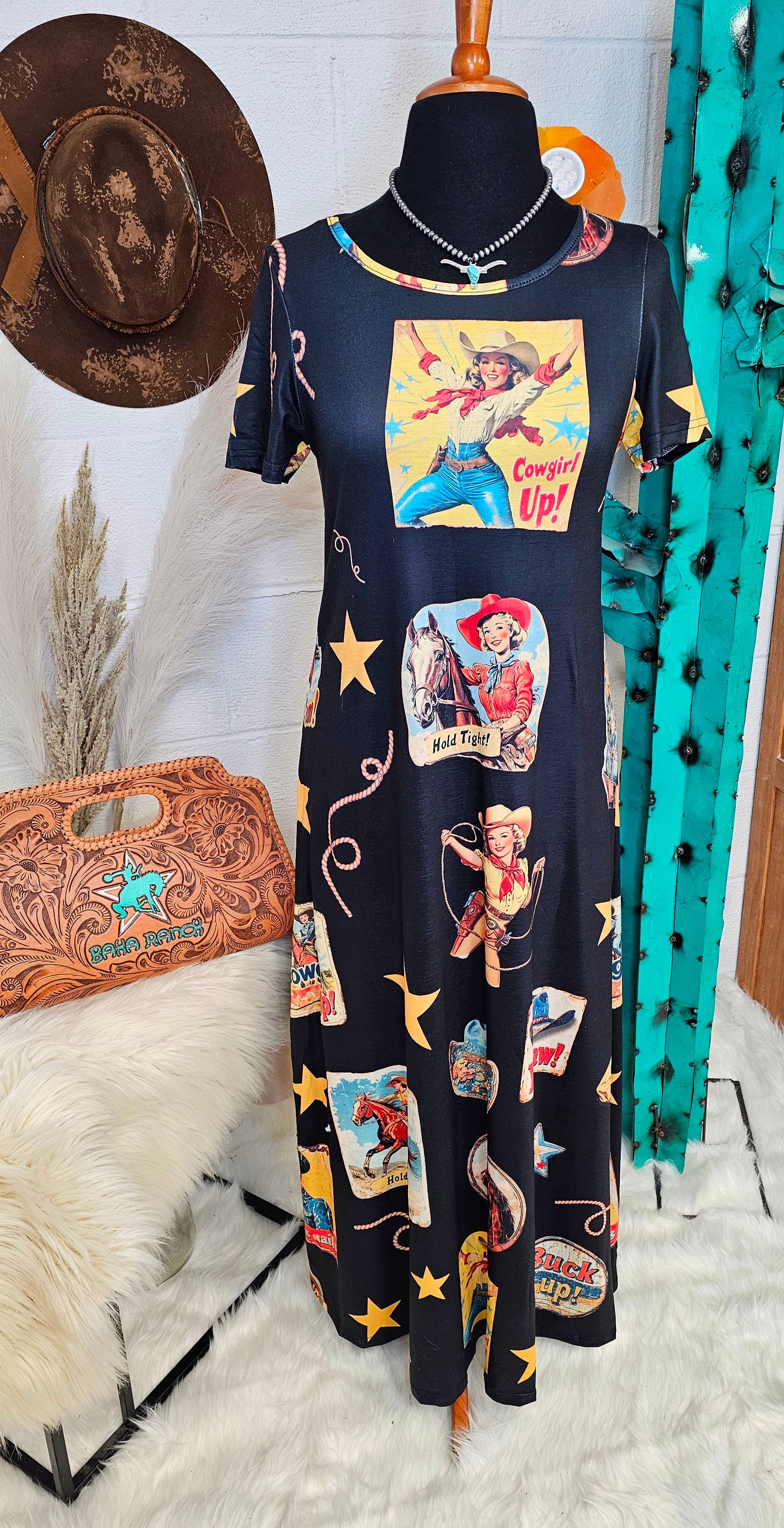 Baha Ranch Vintage Cowgirl Collage Western Dress