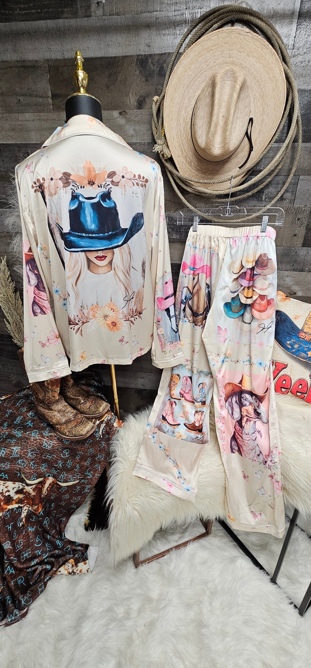 Baha Ranch Danilo Painted Cowgirl Satin Long Pajamas