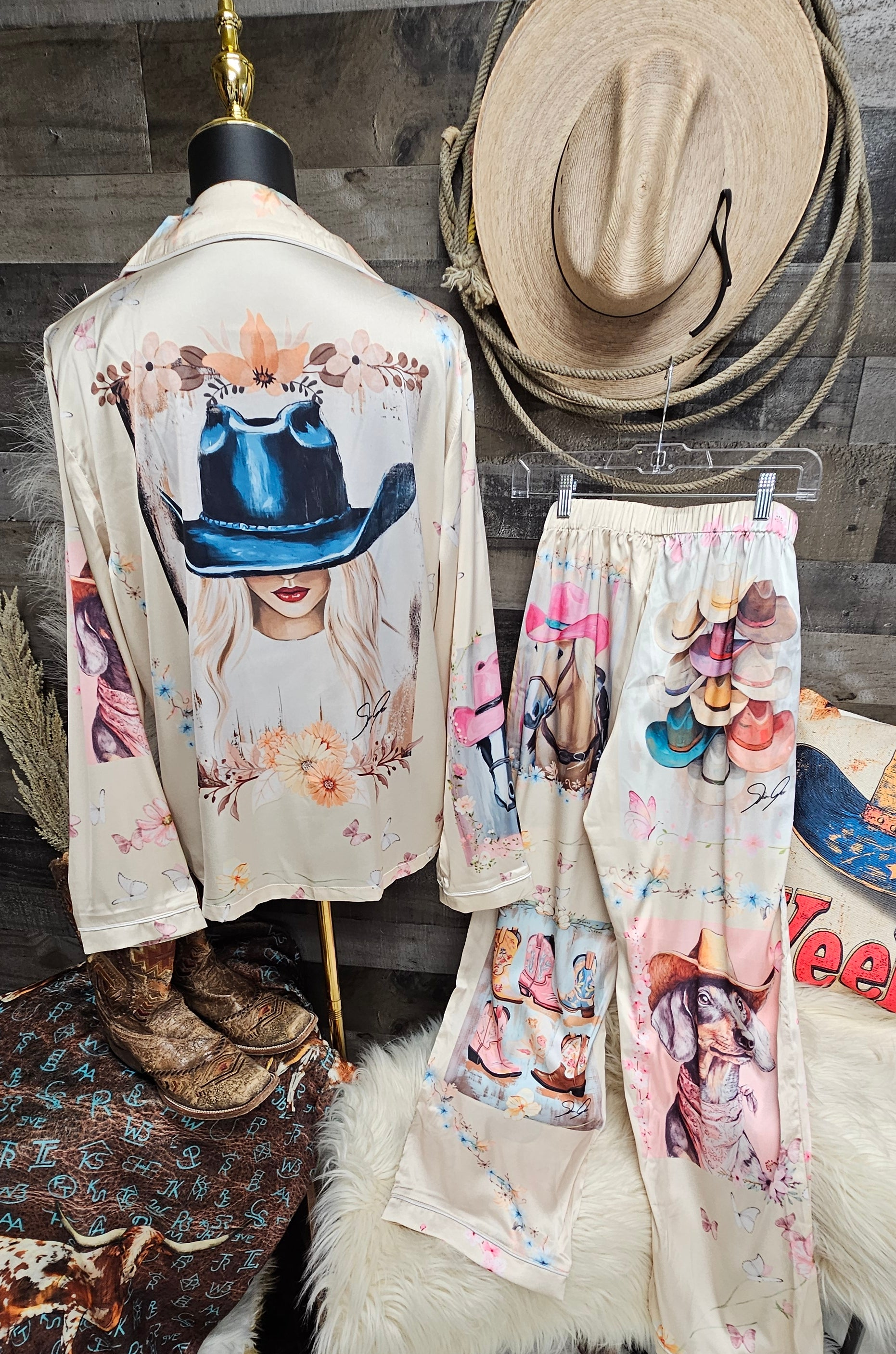 Baha Ranch Danilo Painted Cowgirl Satin Long Pajamas