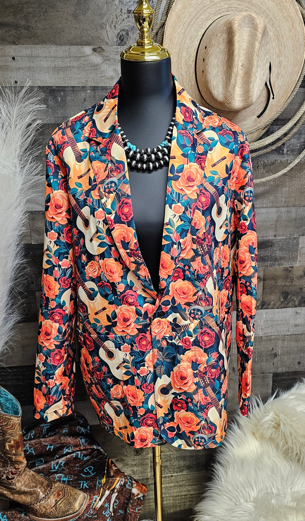 Baha Ranch Colores De Mexico Roses & Guitars Floral Blazer