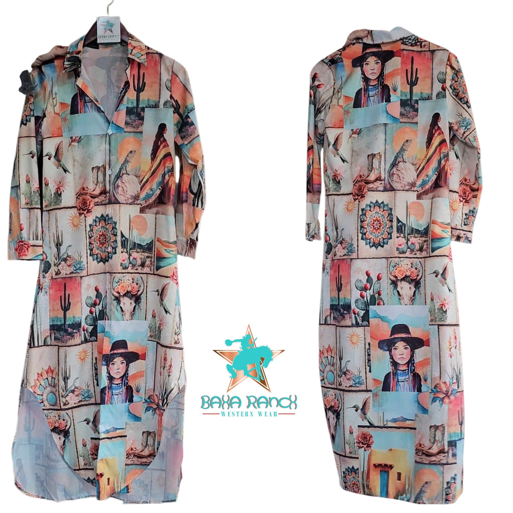 Baha Ranch Colores de Mexico Pictures of the Southwest Button-Up Long Sleeve Shirt Dress Duster