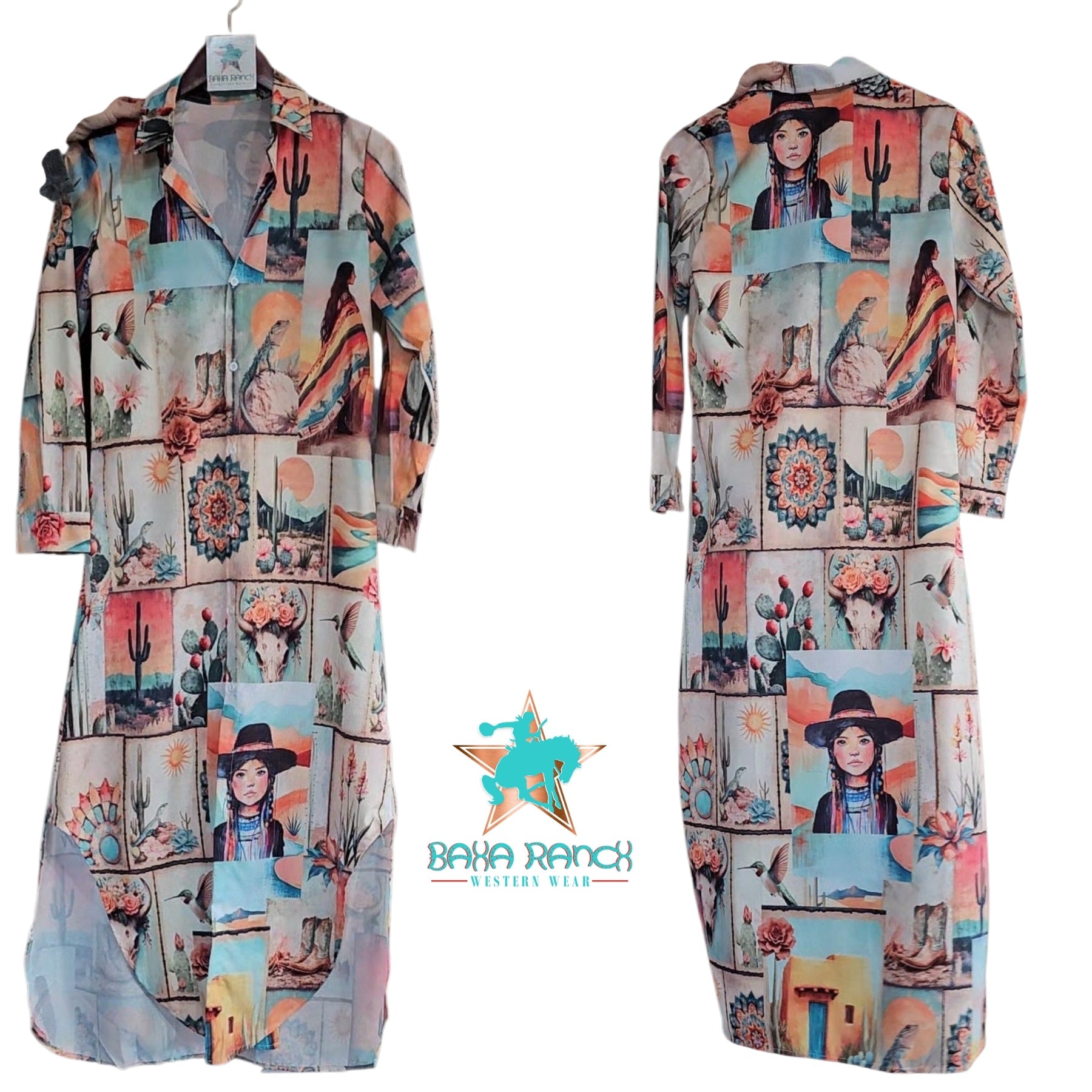Baha Ranch Colores de Mexico Pictures of the Southwest Button-Up Long Sleeve Shirt Dress Duster