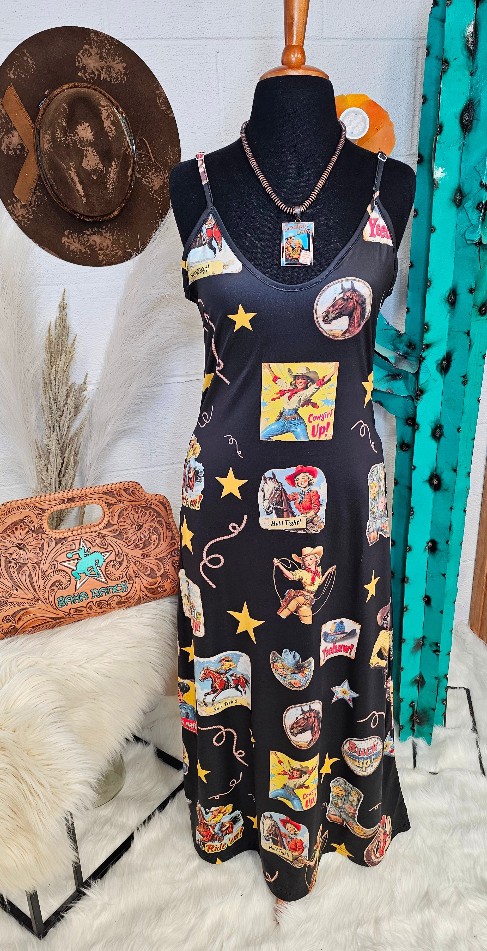 Baha Ranch Vintage Cowgirl Collage Western Sun Dress