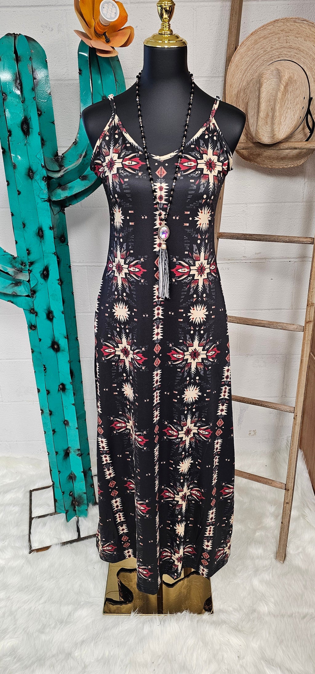 Baha Ranch Black and Tan Southwestern Aztec Western Maxi Dress