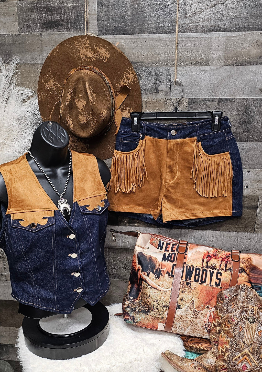 Giddy Up Cowgirl Fringe Vest Shorts Set Outfit