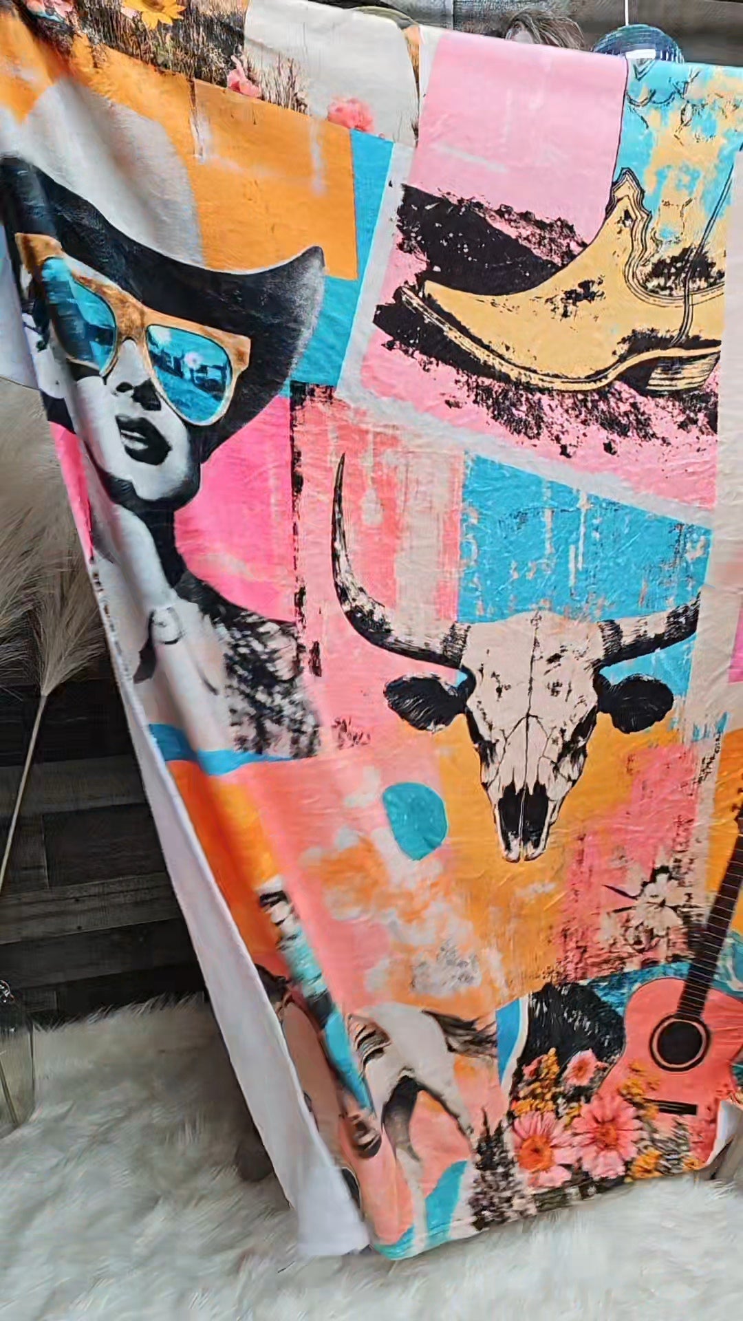 Baha Ranch Pop Western Retro Cowgirl Collage Throw Blanket 60" x 80" Made in America