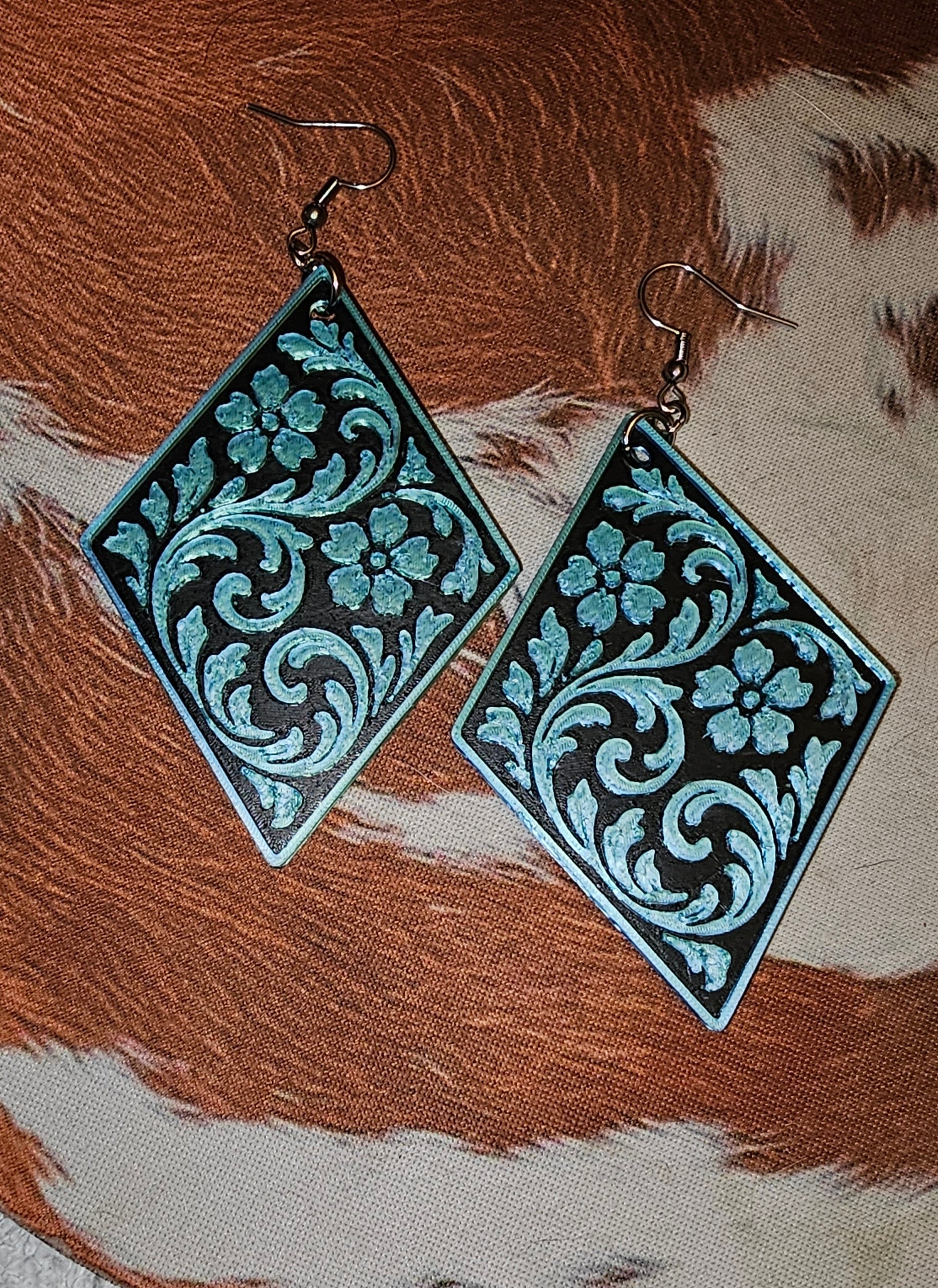 3D Print Western Tooled Floral Earrings Made in America Choice of Colors