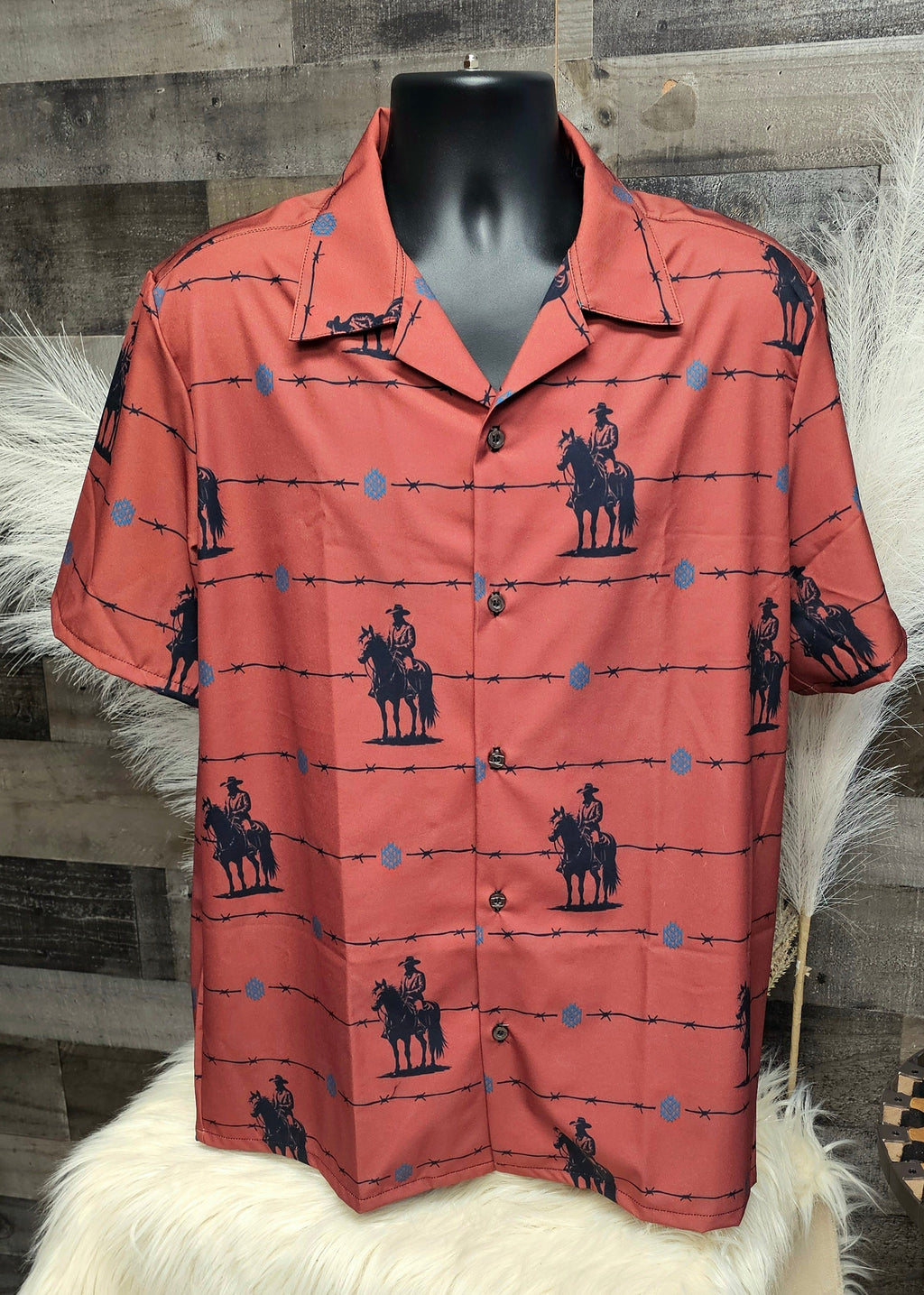 Baha Ranch Brown Saddle Up Western Hawaiian Shirt Made in America