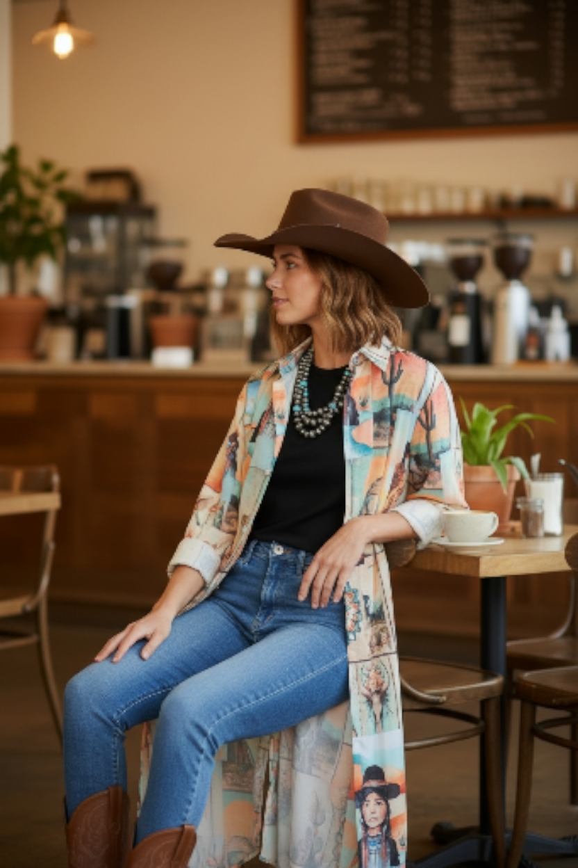 Baha Ranch Colores de Mexico Pictures of the Southwest Button-Up Long Sleeve Shirt Dress Duster