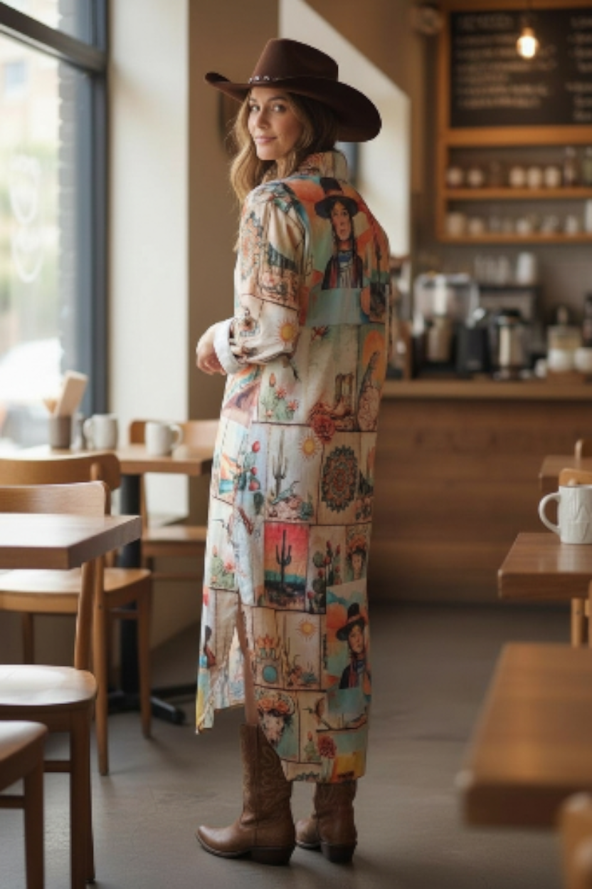 Baha Ranch Colores de Mexico Pictures of the Southwest Button-Up Long Sleeve Shirt Dress Duster