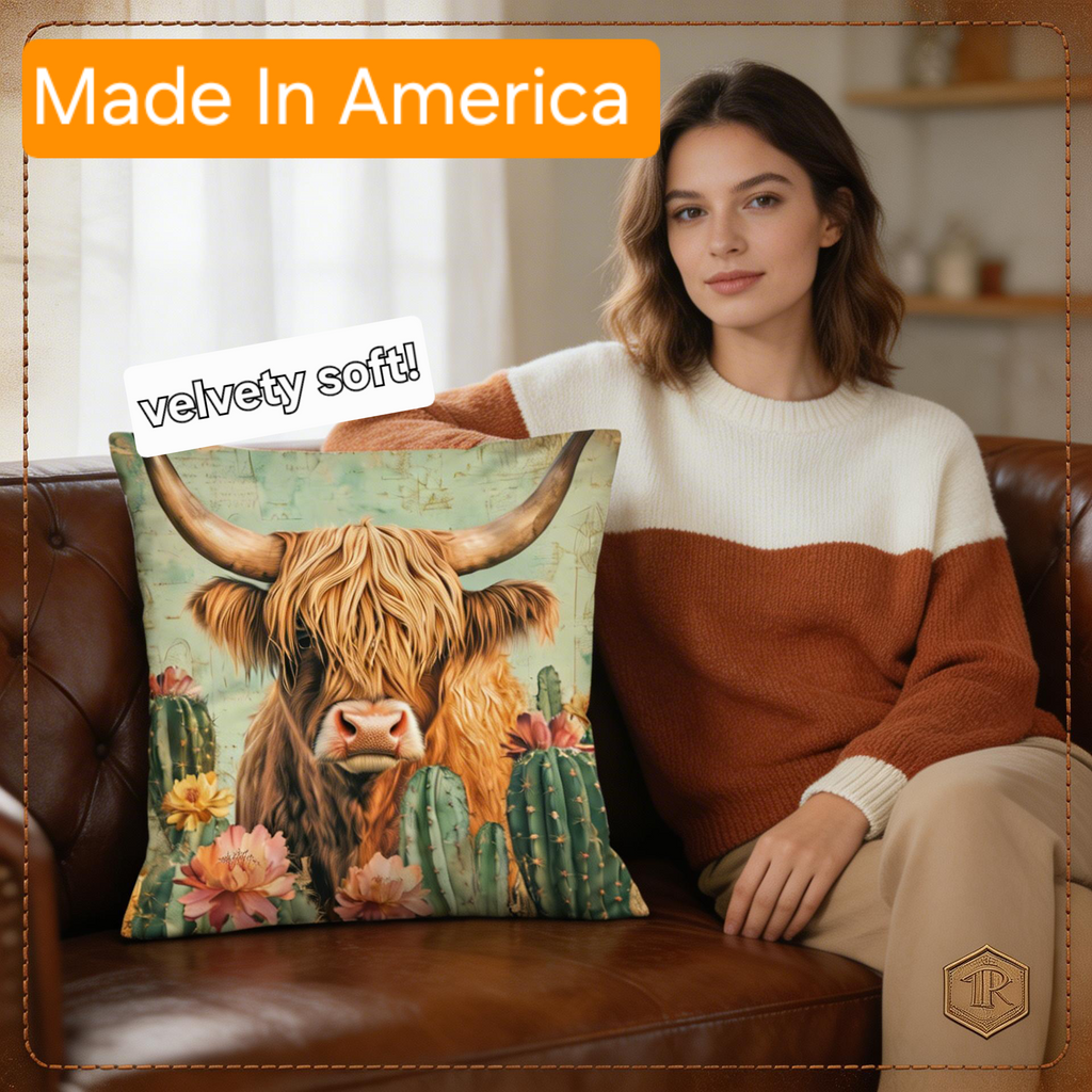 Baha Ranch Cactus Highland Velvety Soft Throw Pillow Cover Made in America