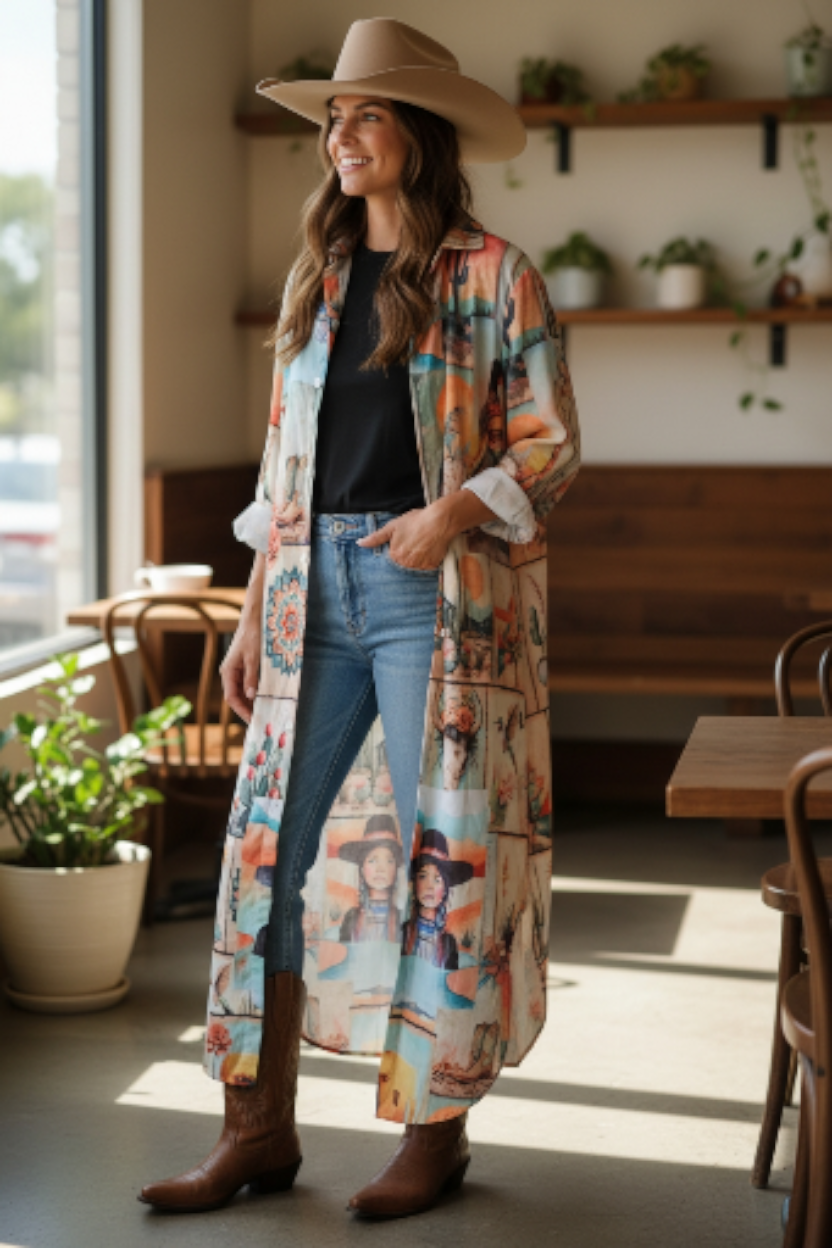 Baha Ranch Colores de Mexico Pictures of the Southwest Button-Up Long Sleeve Shirt Dress Duster