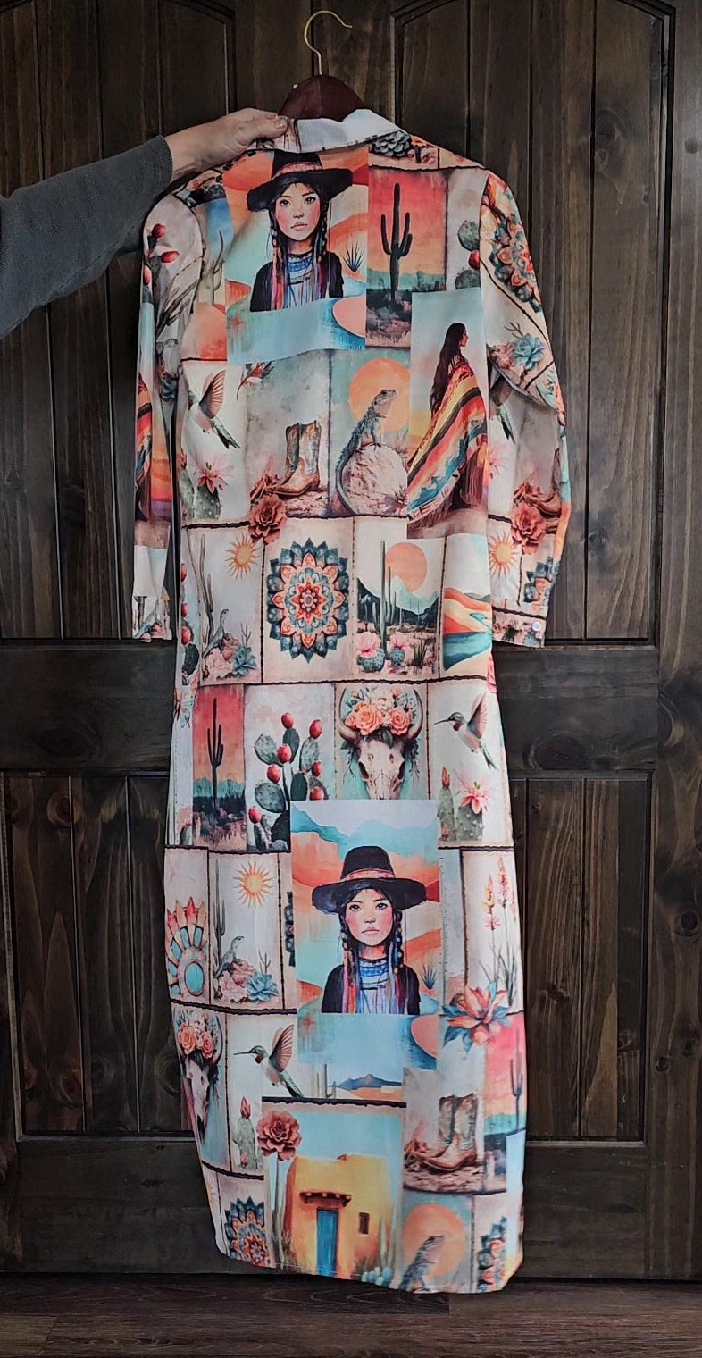 Baha Ranch Colores de Mexico Pictures of the Southwest Button-Up Long Sleeve Shirt Dress Duster