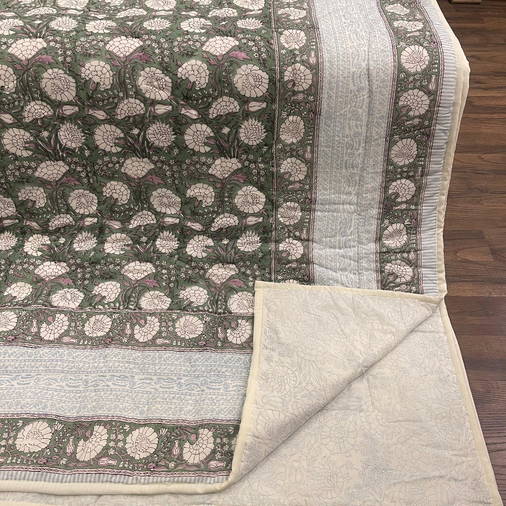 Cream & Golden Yellow Rust Floral Jaipur Indian Hand Block Print Quilted Comforter