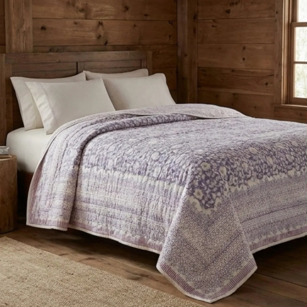 Cream & Sage Green Floral Jaipur Indian Hand Block Print Quilted Comforter