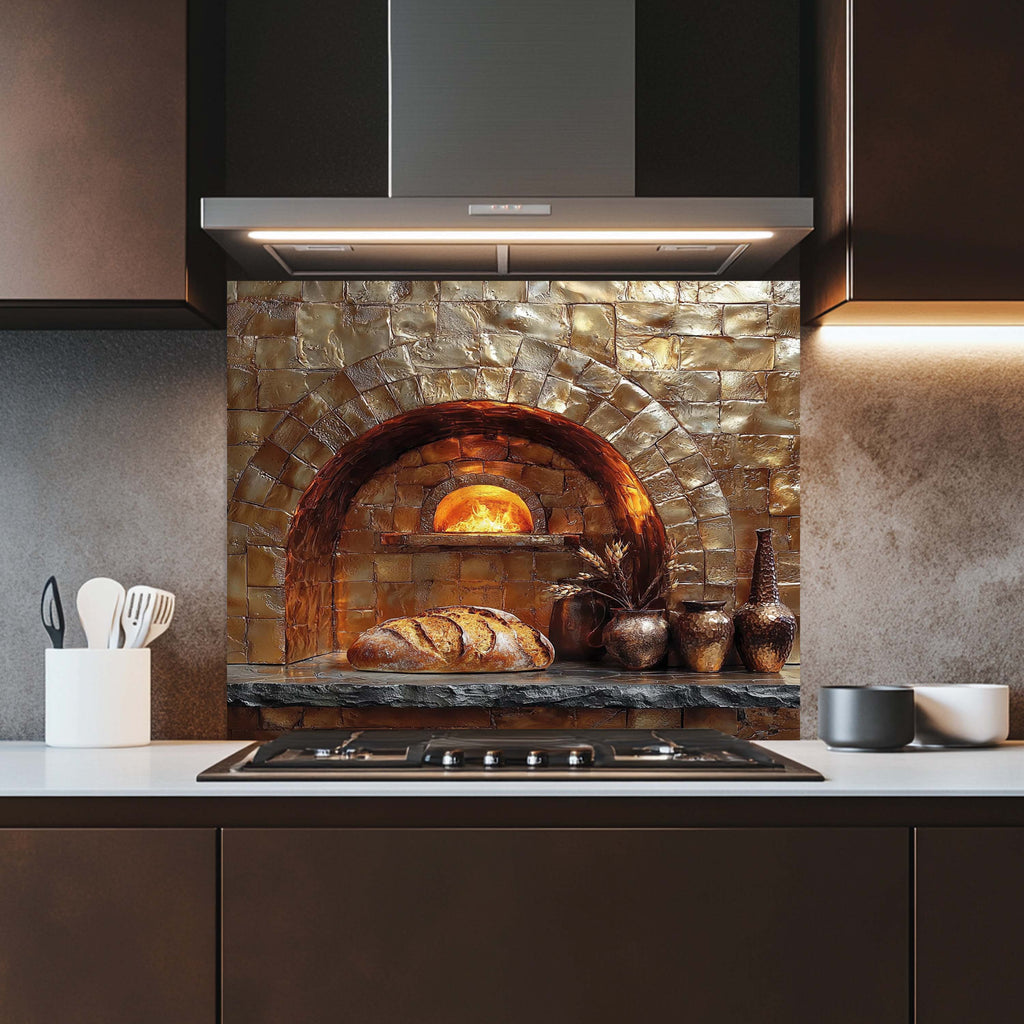 Rustic Brick Oven Kitchen Backsplash – Copper Look Tempered Glass Backsplash