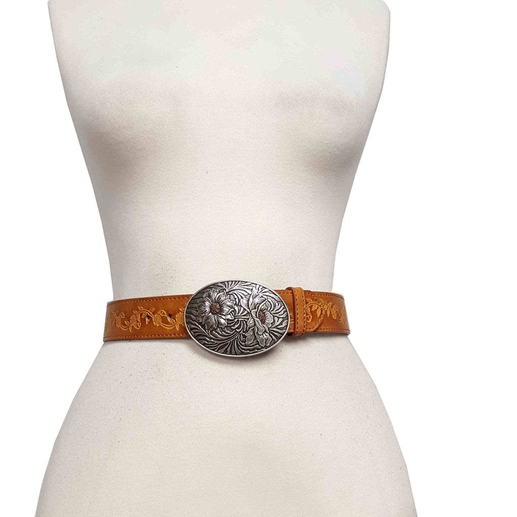 Western Sunflower Buckle with Vintage Floral Tooled Belt — Two-Tone Silver & Gold