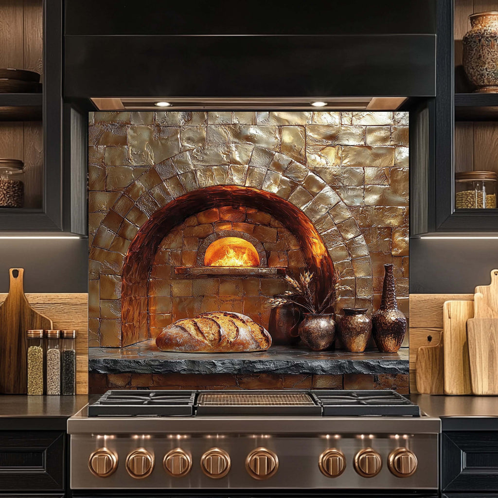 Rustic Brick Oven Kitchen Backsplash – Copper Look Tempered Glass Backsplash