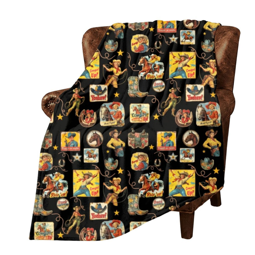 Baha Ranch Vintage Cowgirl Collage Micro Fleece Throw Blanket 60" x 80" Made in America
